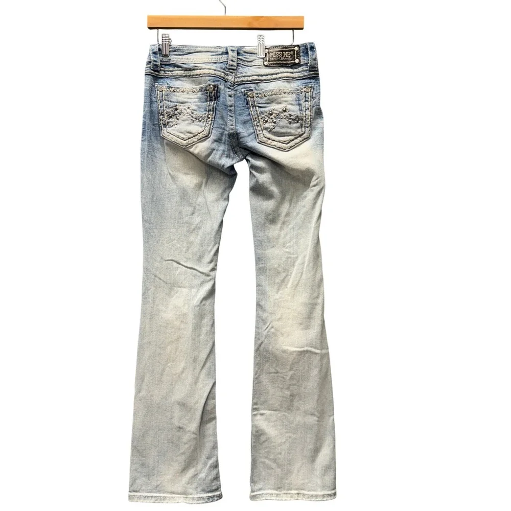 Miss Me Jeans Womens 27 (29x33 ACTUAL) Bootcut Faded Wash Embellished Blue Denim
